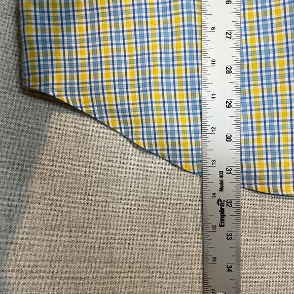 Peter Millar Mens Dress Shirt Size L Button Down log sleeve Blue Yellow Check - Picture 6 of 7